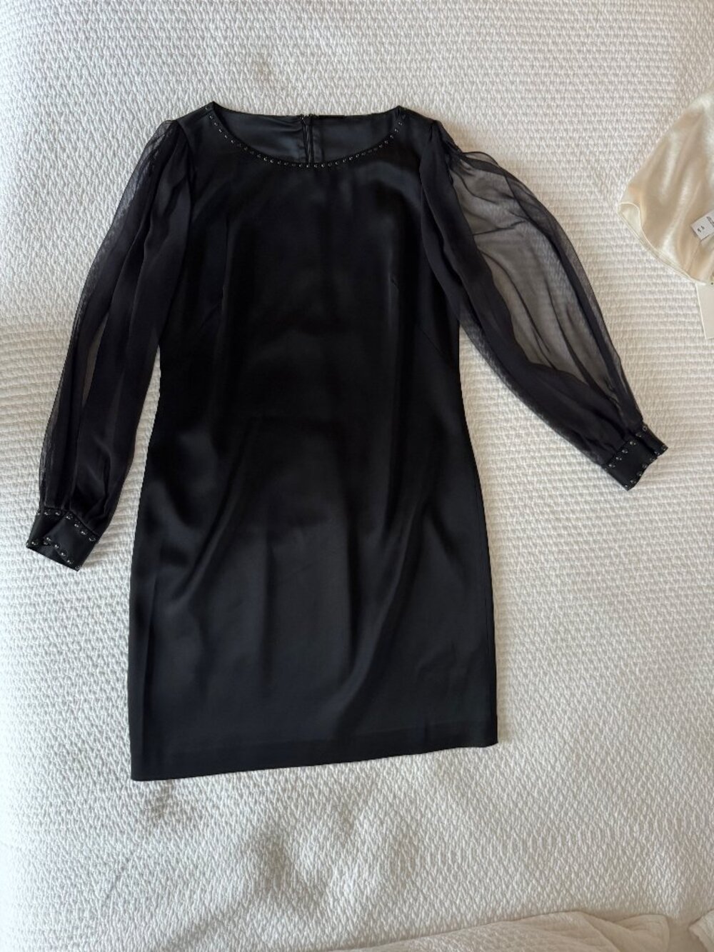 Elie Tahari Black Sheer silk Sleeve Studded Sheath Dress, Estimated Size 4.